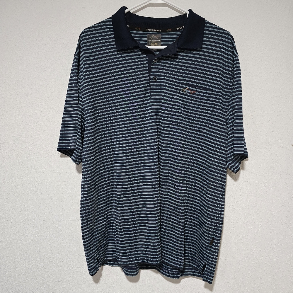 Mens Greg Norman Tasso Elba Five Iron Golf Large Blue Stripe Polo Shirt Play Dry